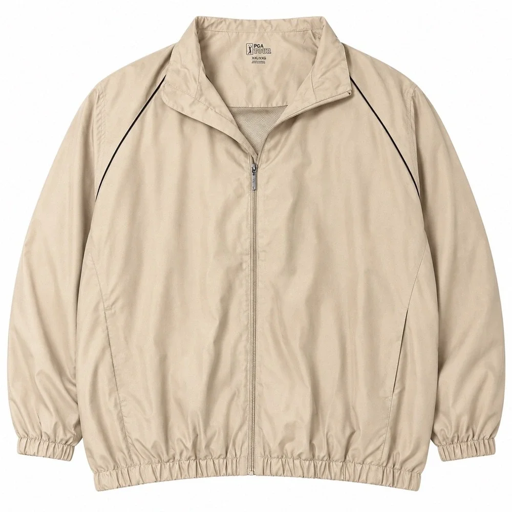 PGA Tour Mens XXL Khaki Tan Full Zip Windbreaker Golf Jacket Mesh Lined Raglan